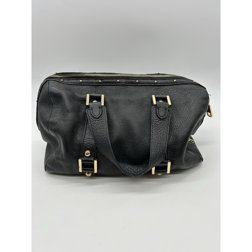 Vtg JUICY COUTURE Black Pebbled Leather Satchel Bowler Bag Gold Studded Y2K